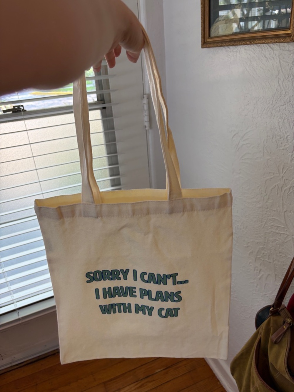 Canvas Tote Bag with Cat Quote - Cream with Teal Text - Picture 2 of 2